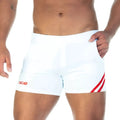 White athletic shorts with red diagonal stripes and gigo logo on the left leg from the Gigo Forever collection