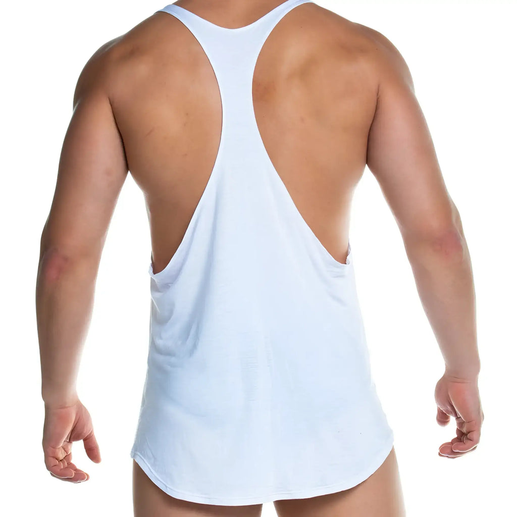White racerback tank top gigo forever with deep back cutout and relaxed fit for casual wear shown from back side