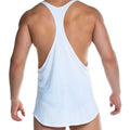 White racerback tank top gigo forever with deep back cutout and relaxed fit for casual wear shown from back side