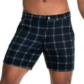 Gigo formal black square short dark navy plaid shorts with crisp white lines in a classic check pattern