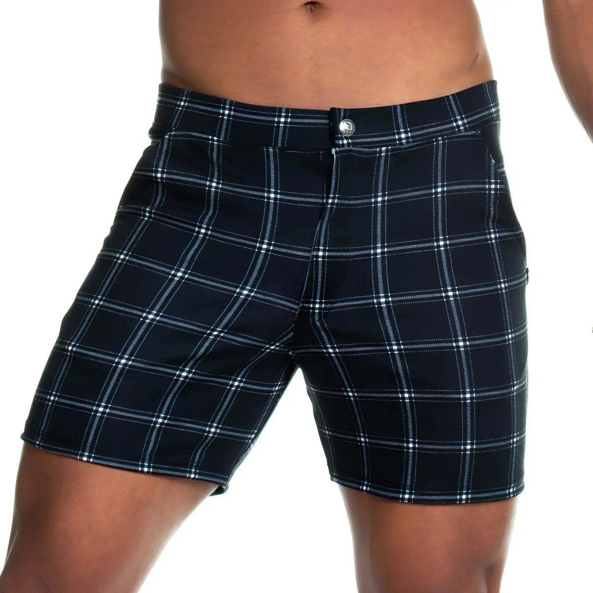 Gigo formal black square short dark navy plaid shorts with crisp white lines in a classic check pattern