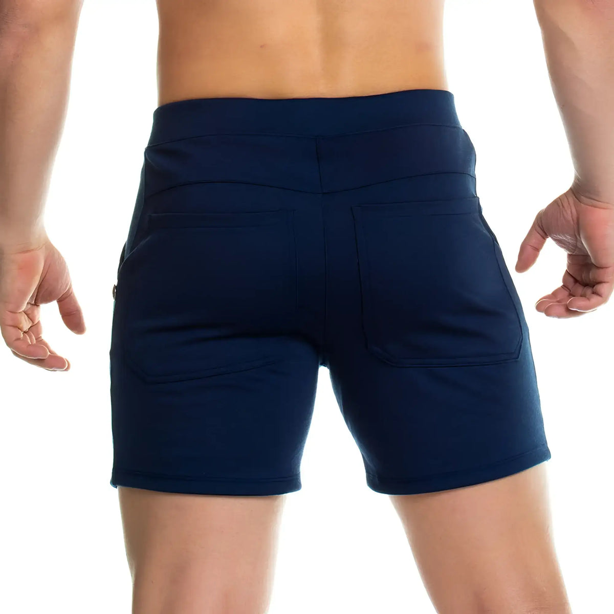 Back side of navy blue gigo formal blue short with two back pockets and fitted waistband designed for athletic use
