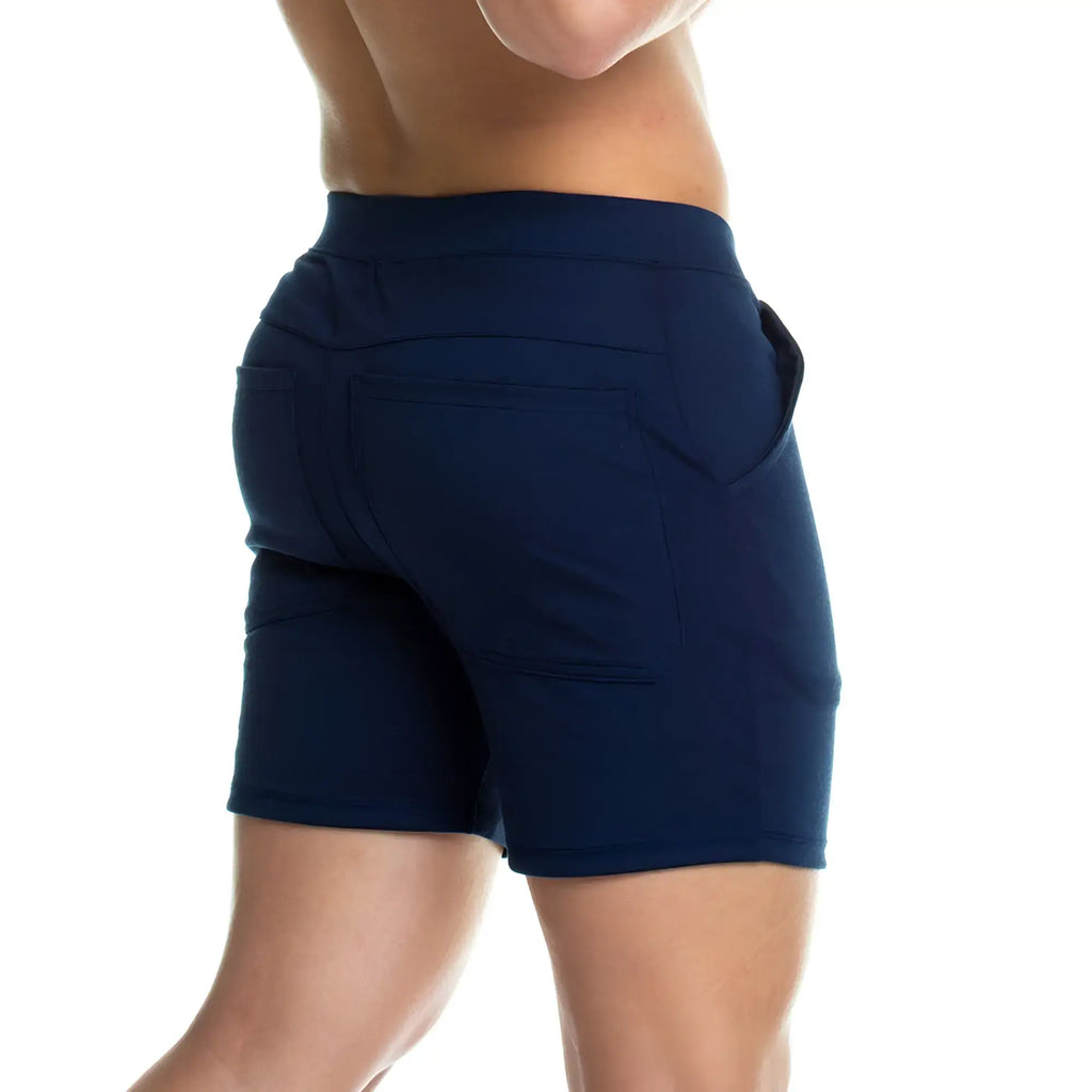 Back view of navy blue gigo formal blue short athletic shorts with fitted waistband and two back pockets