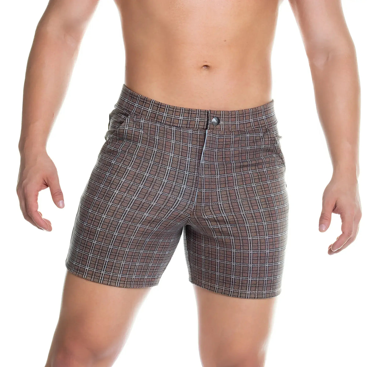 Gigo formal brown square short menÃ¢â‚¬â„¢s plaid shorts with button closure in brown and white for casual wear