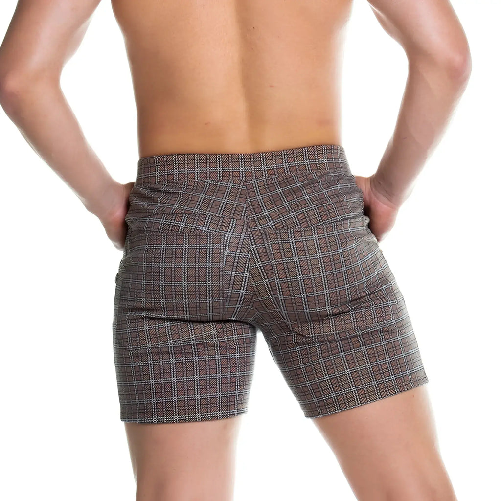 Gigo formal brown square short plaid shorts with brown and white tailored fit for a polished casual look