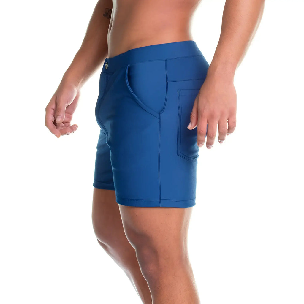 Blue gigo formal jean short athletic shorts with fitted waistband and two front pockets for active wear