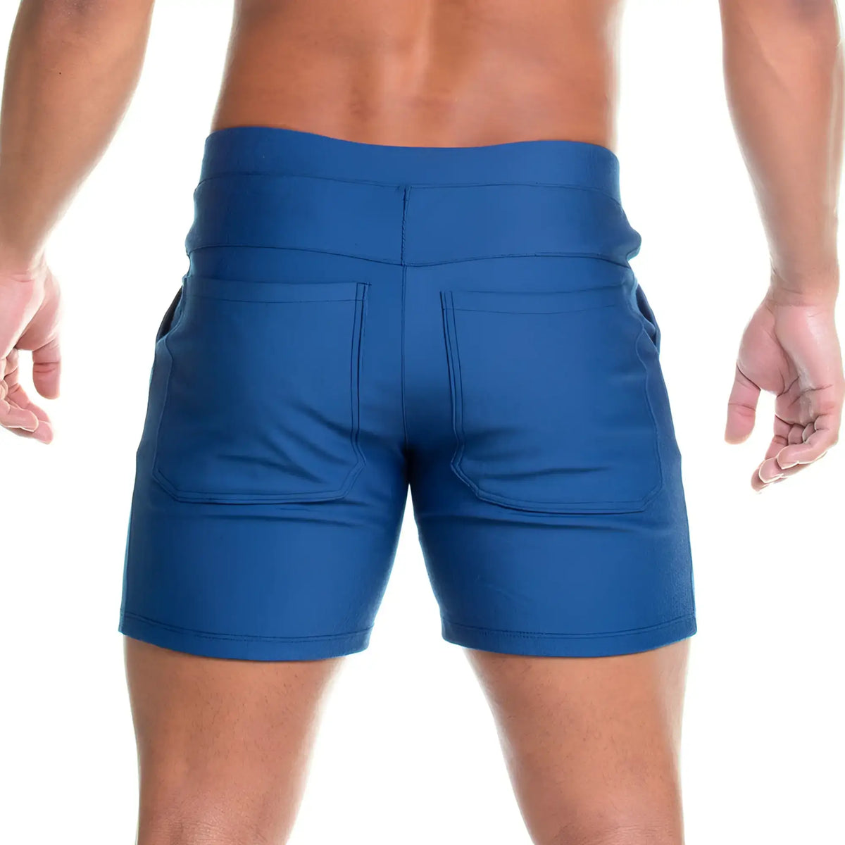 Image of the back side of blue gigo formal jean shorts with high-waisted design and two back pockets