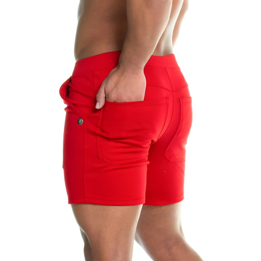 Gigo formal red athletic shorts with a fitted cut, two side pockets, and a small metallic button on the left hip