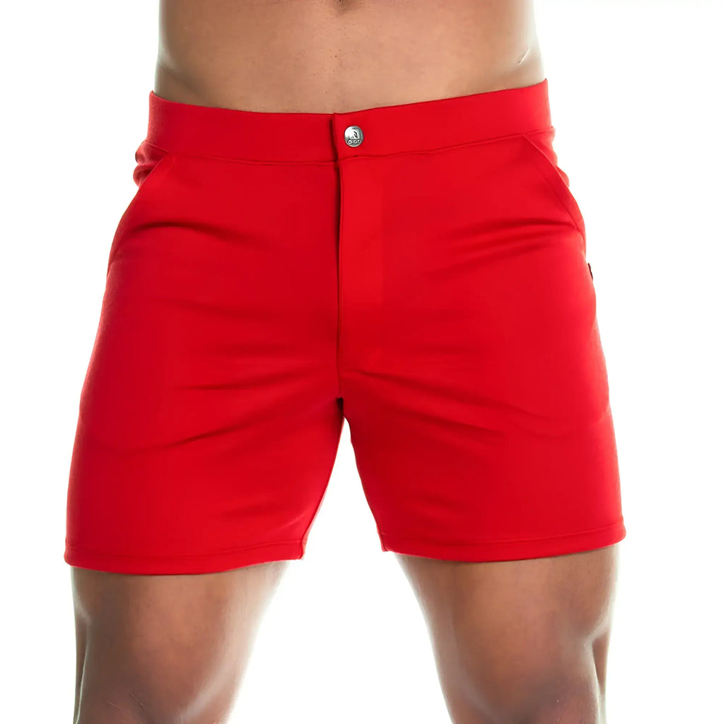 Gigo formal red short bright red athletic shorts with sleek form-fitting design and silver button at waistband