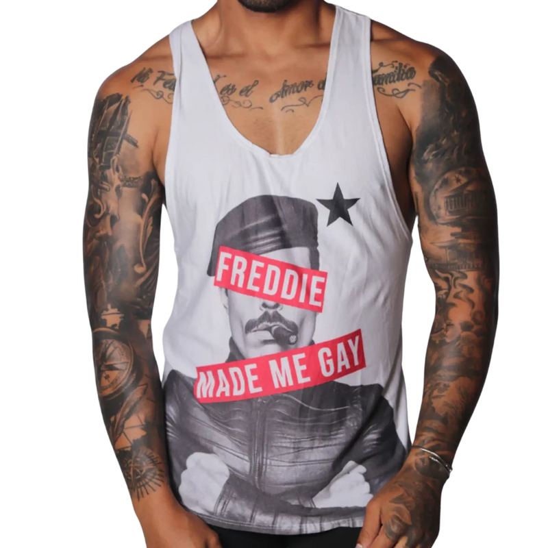 White cotton tank top with a black-and-white print of Freddie Mercury and red text reading "FREDDIE MADE ME GAY."