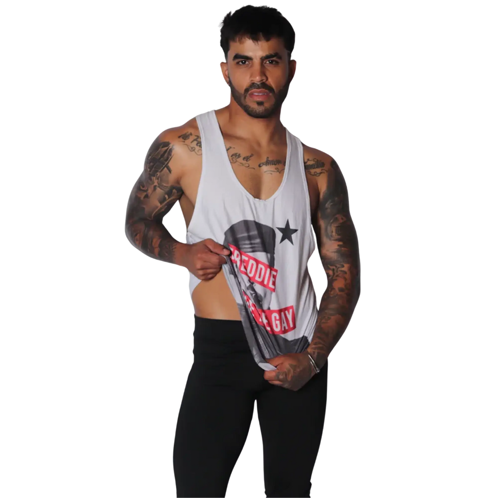 White cotton racerback tank top featuring a black and white Freddie Mercury graphic and red text detail.