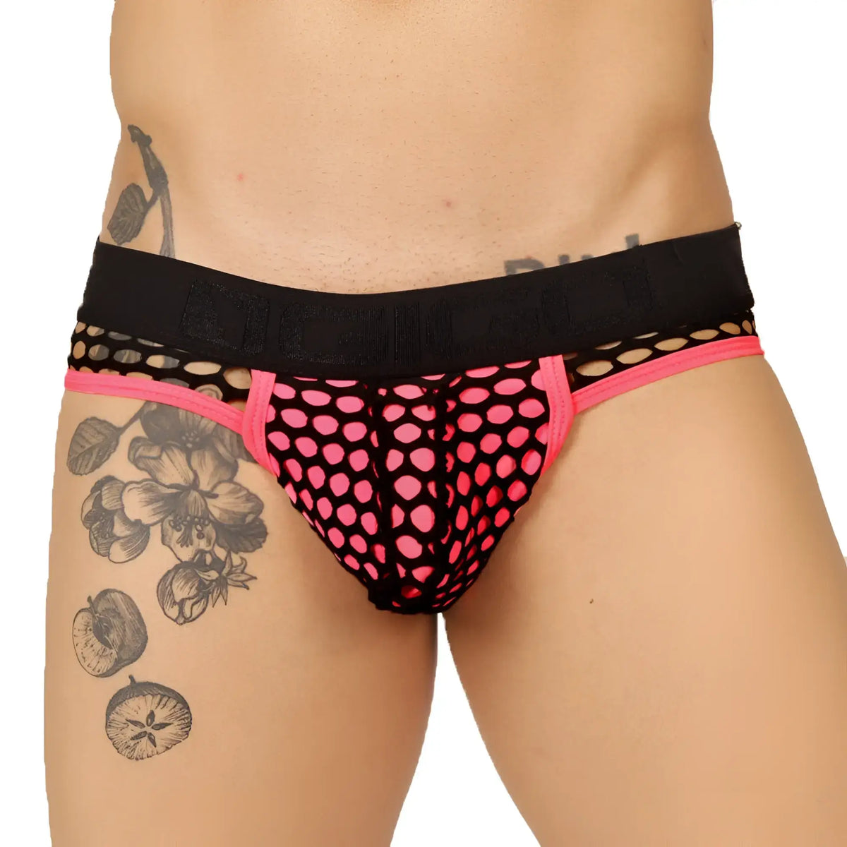 Black and pink mesh briefs with bold polka dot pattern gigo fresh fuchsia brief jock front view