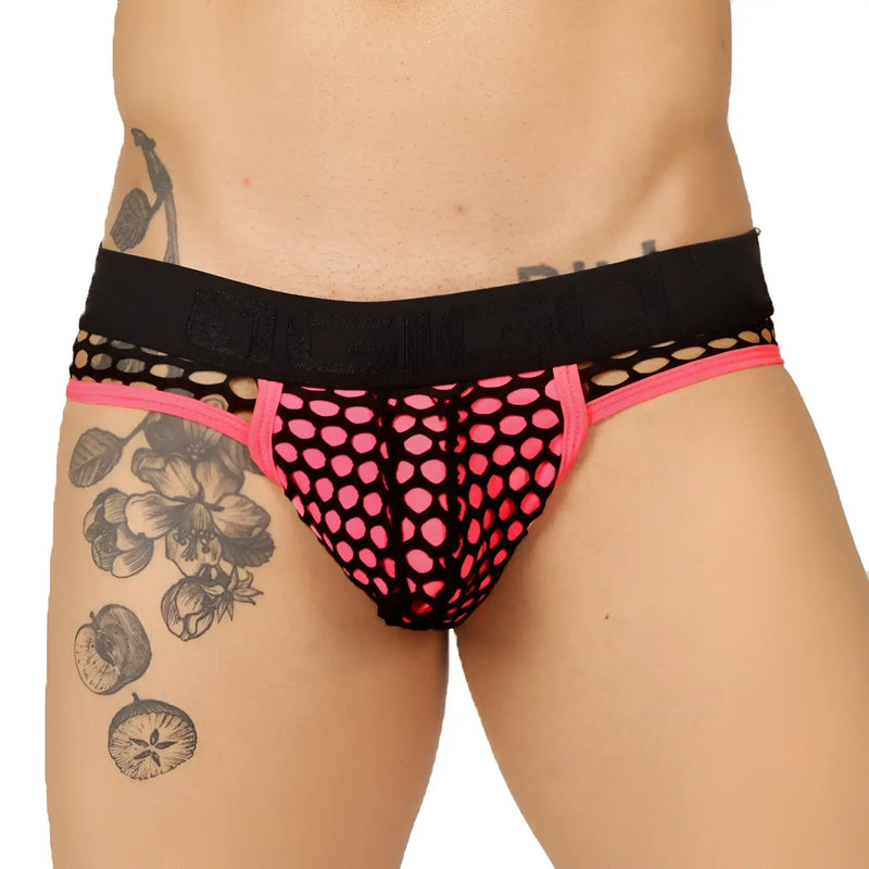 Black and pink mesh briefs with bold polka dot pattern gigo fresh fuchsia brief jock front view