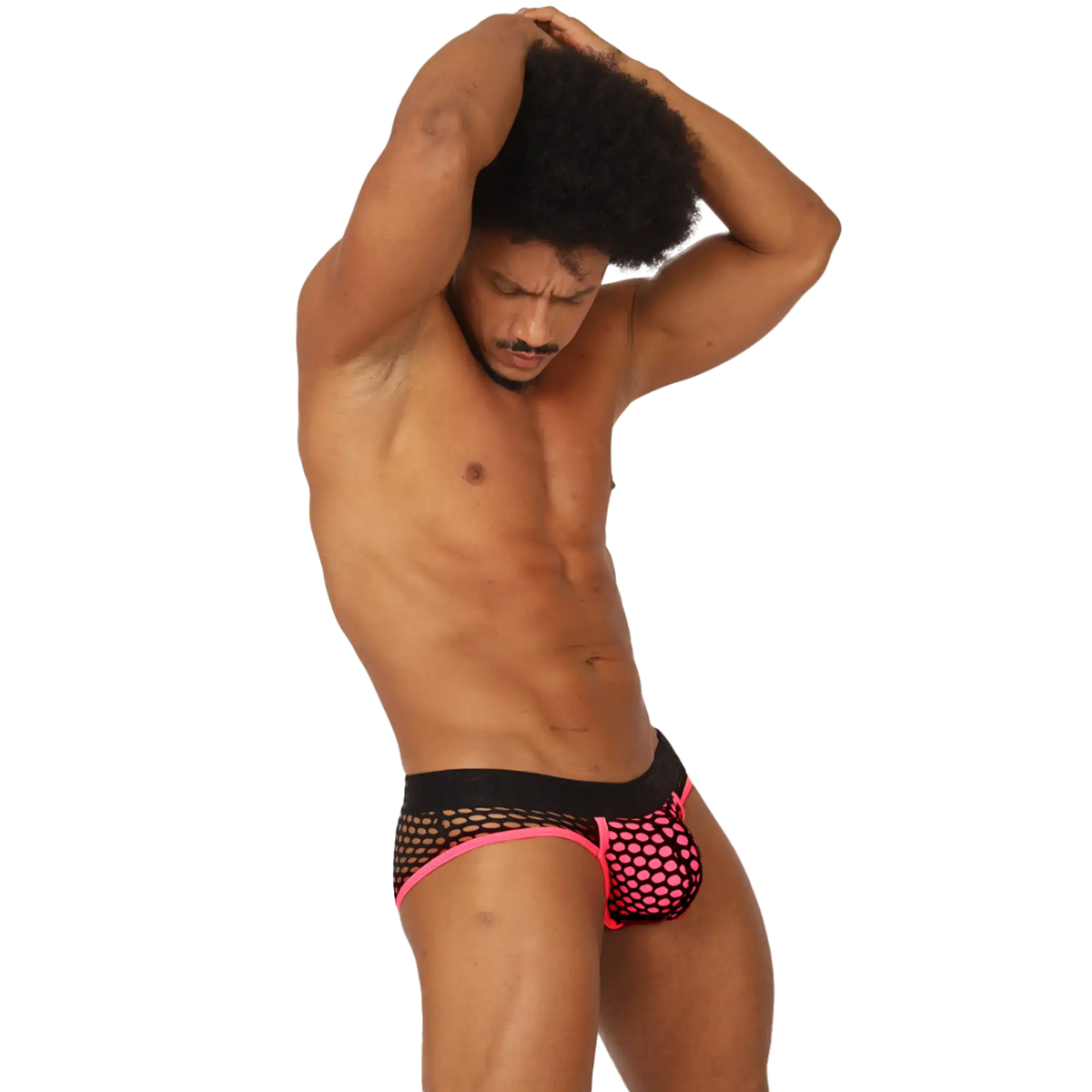 Gigo fresh fuchsia brief pink and black mesh briefs with bold polka dot pattern front view