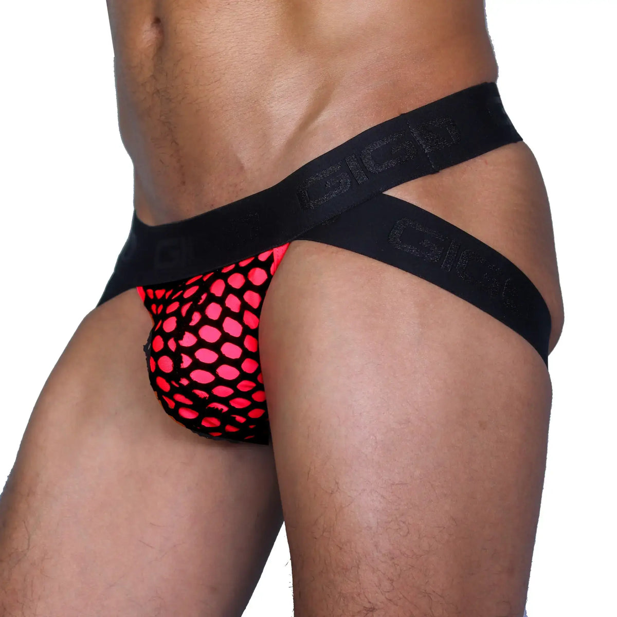 Black and neon pink mesh briefs with bold patterned design from gigo fresh fuchsia jockstrap collection