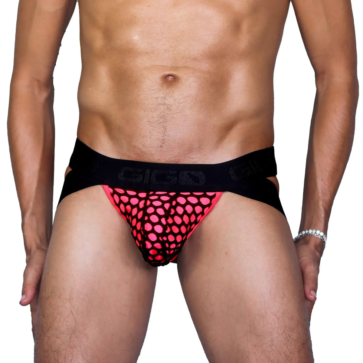 Gigo fresh fuchsia jockstrap in black and neon pink mesh briefs with a bold perforated design