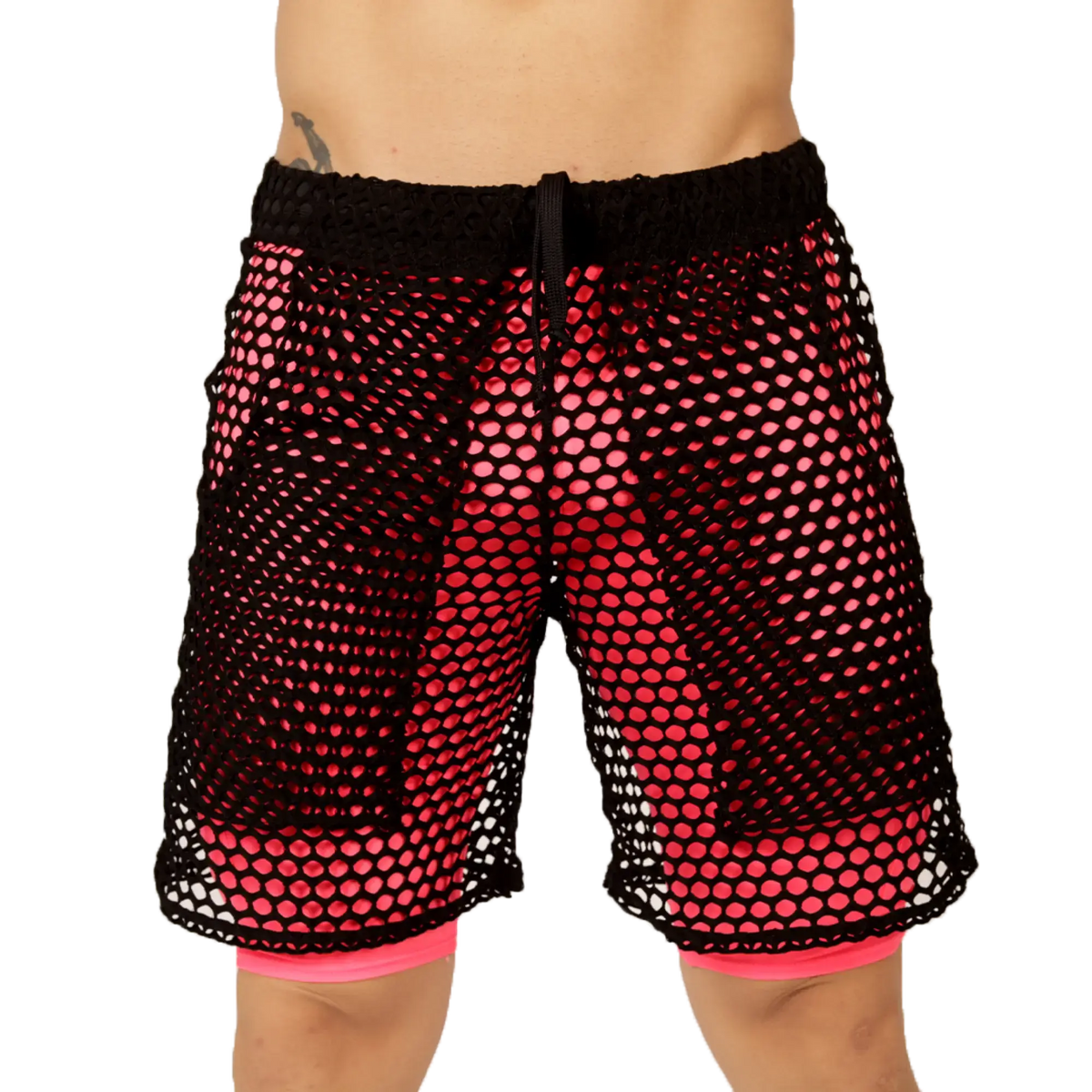 Gigo fresh fuchsia short black mesh shorts with vibrant pink inner lining and matching drawstring waistband