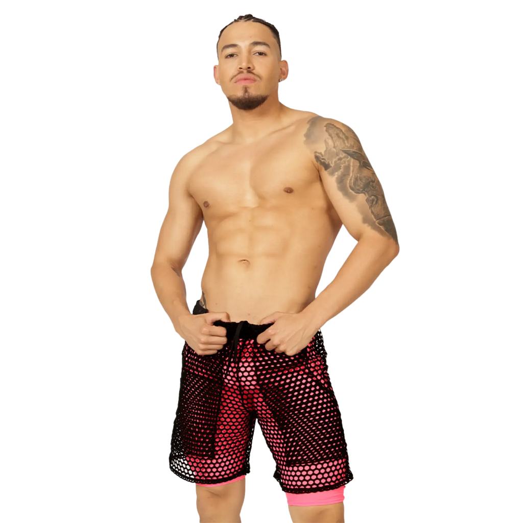 Black and pink mesh gigo fresh fuchsia short with sheer breathable design for comfortable active wear