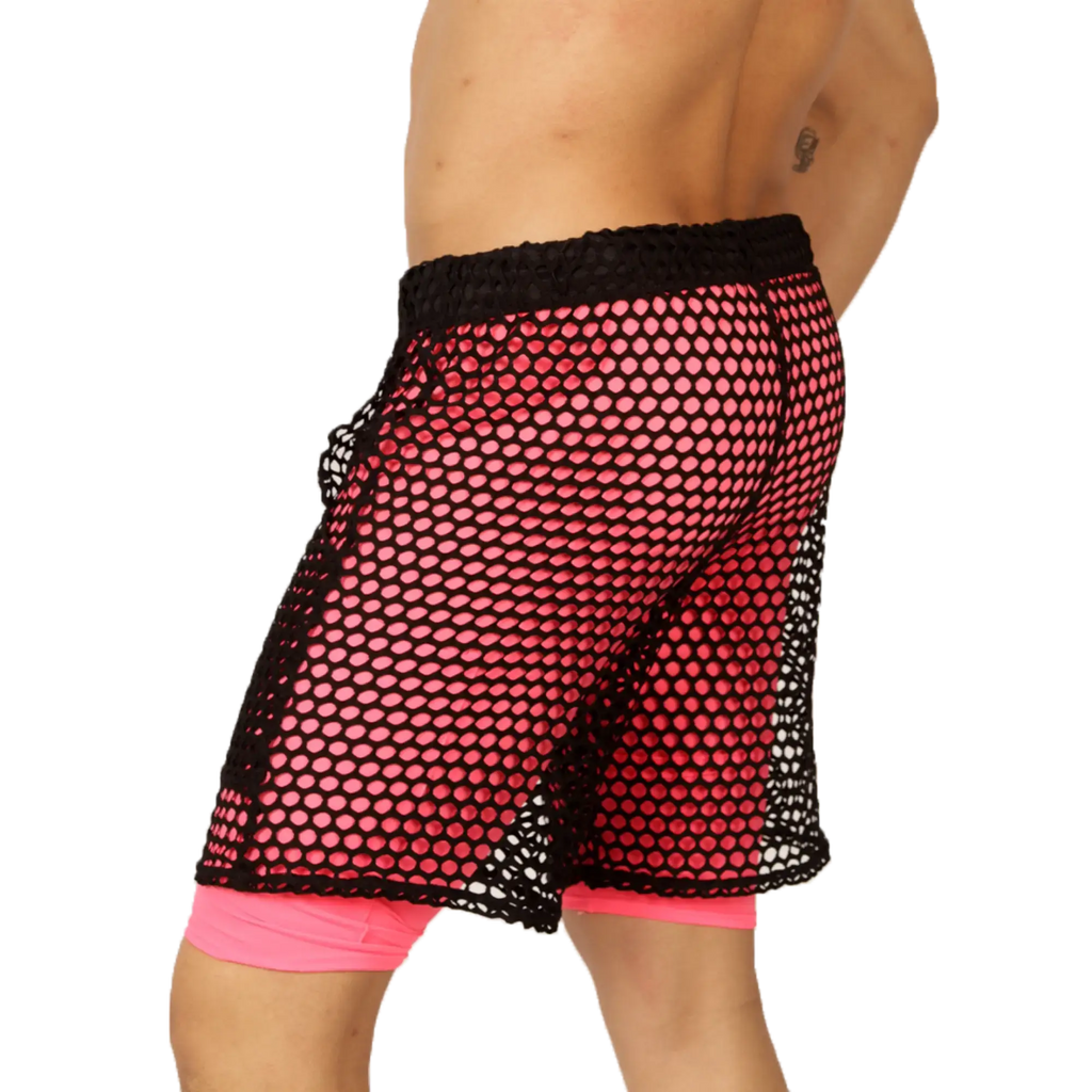 Pink and black mesh shorts with solid pink inner lining from gigo fresh fuchsia short collection