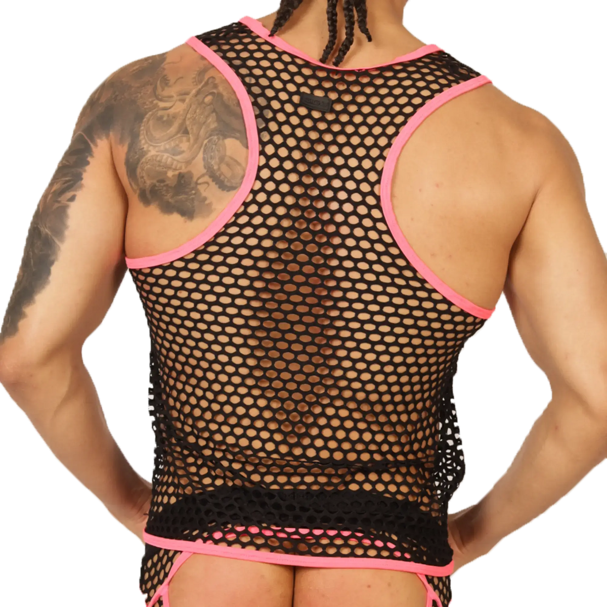 Black mesh tank top with vibrant pink trim from Gigo Fresh Fuchsia Tank featuring breathable mesh fabric