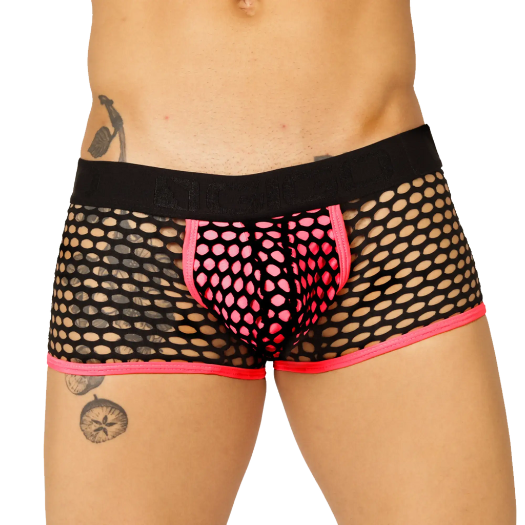 Gigo Fresh Fuchsia Trunk black mesh boxer briefs with vibrant pink trim and matching pink inner panel