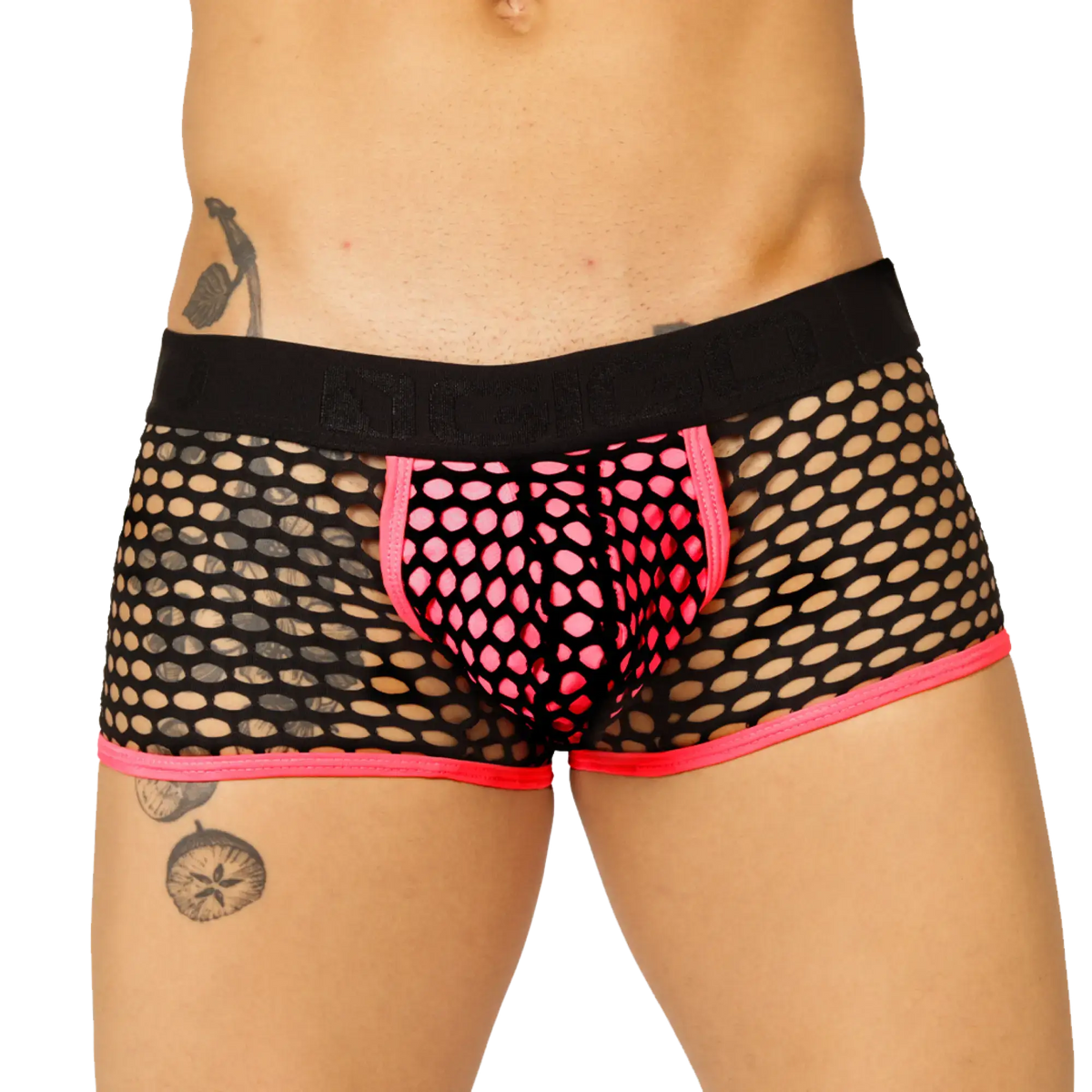 Gigo Fresh Fuchsia Trunk black mesh boxer briefs with vibrant pink trim and matching pink inner panel