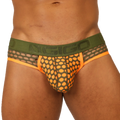 Gigo Fresh Orange Brief olive green and neon orange mesh briefs with bold patterned design front view