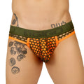 Olive green and orange mesh briefs with a bold patterned design from gigo fresh orange brief jock collection