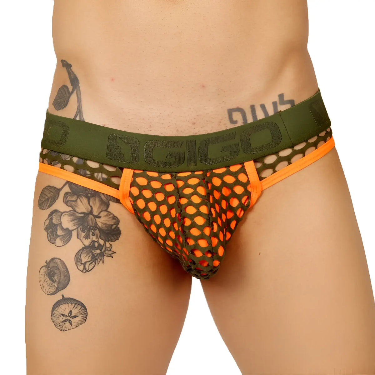Olive green and orange mesh briefs with a bold patterned design from gigo fresh orange brief jock collection