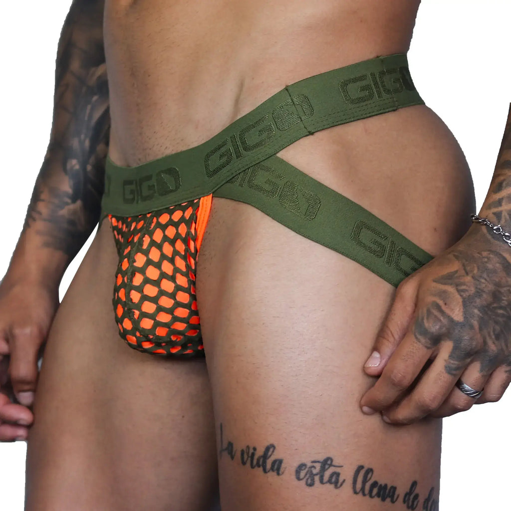 Gigo fresh orange jockstrap in olive green mesh with orange mesh lining and gigo branded waistband