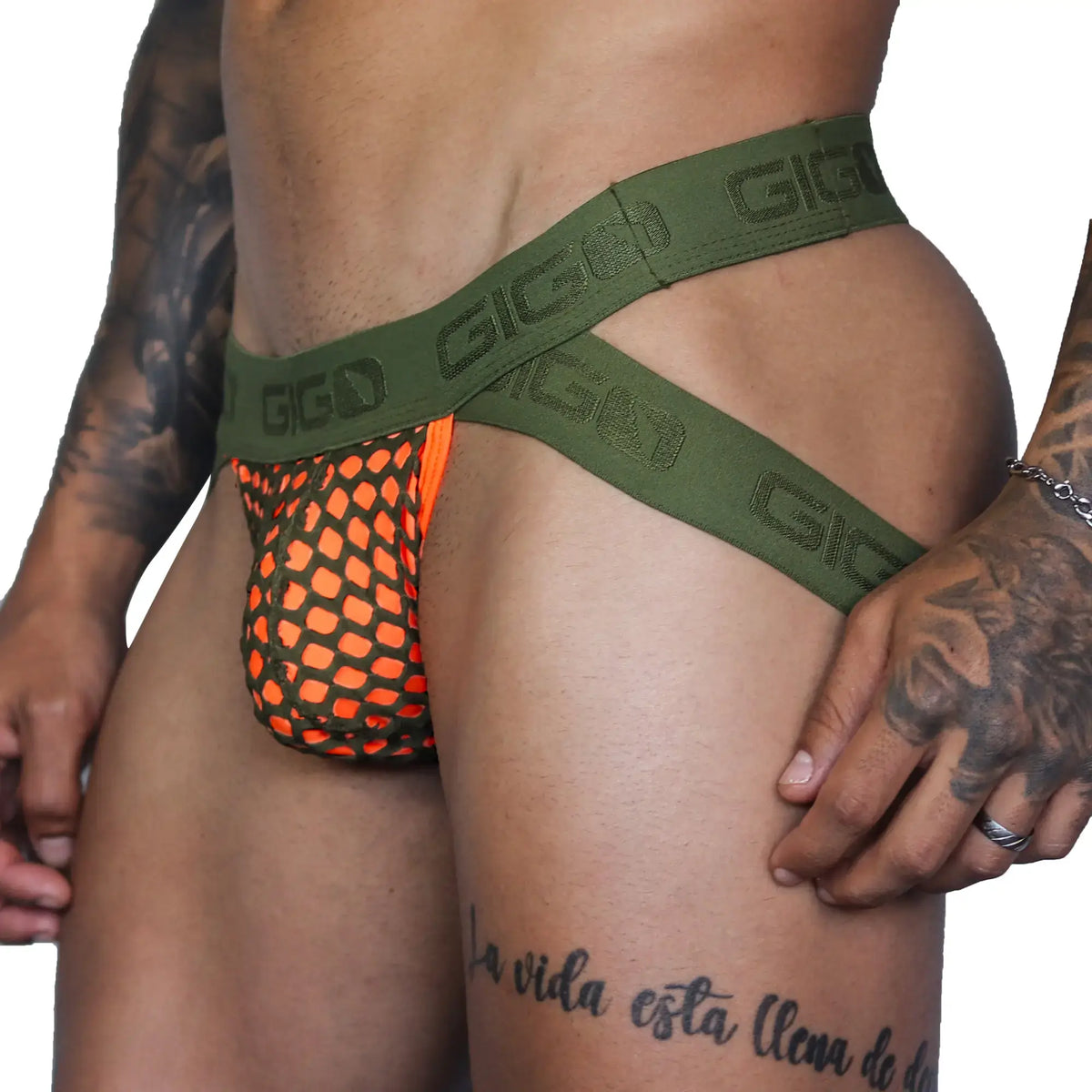 Gigo fresh orange jockstrap in olive green mesh with orange mesh lining and gigo branded waistband