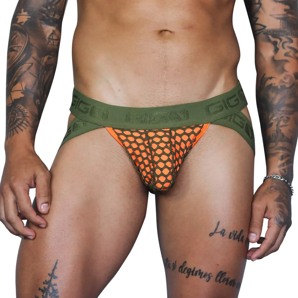 Orange mesh briefs with olive green giga logo waistband from gigo fresh orange jockstrap product line