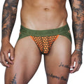 Orange mesh briefs with olive green giga logo waistband from gigo fresh orange jockstrap product line