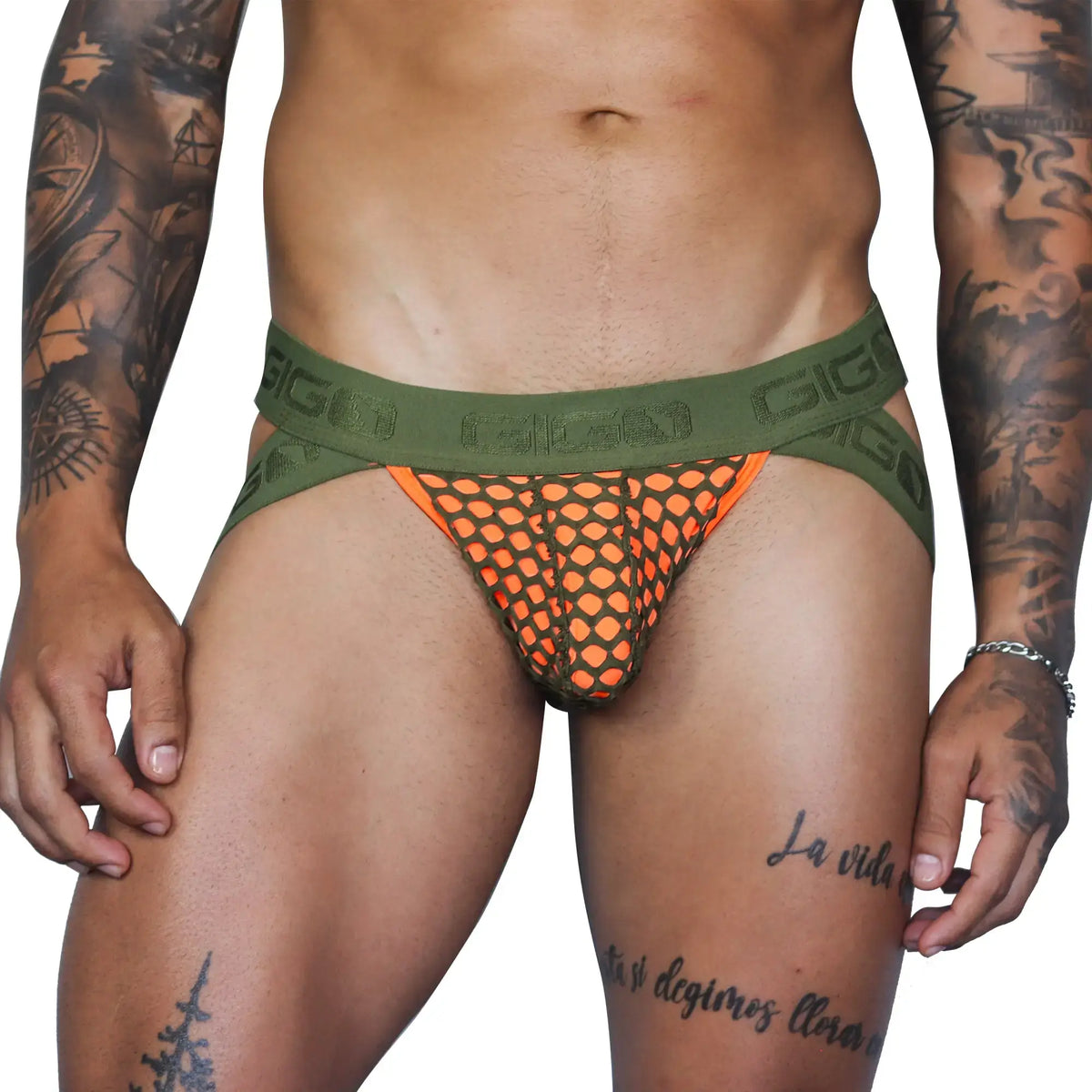 Orange mesh briefs with olive green giga logo waistband from gigo fresh orange jockstrap product line