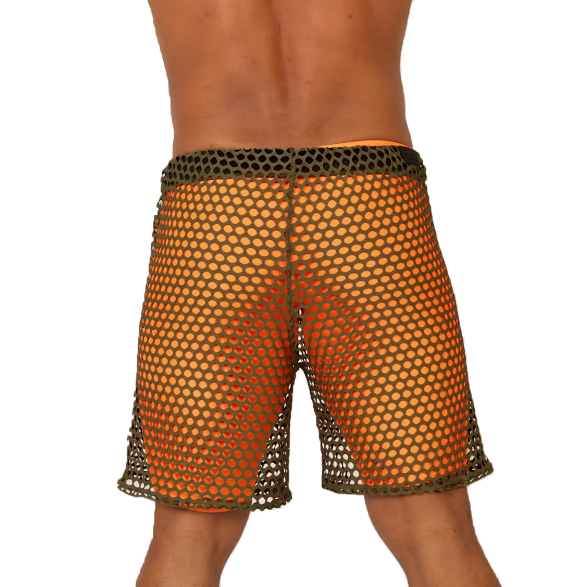 Gigo fresh orange short featuring orange mesh shorts with a dark green elastic waistband and matching trim