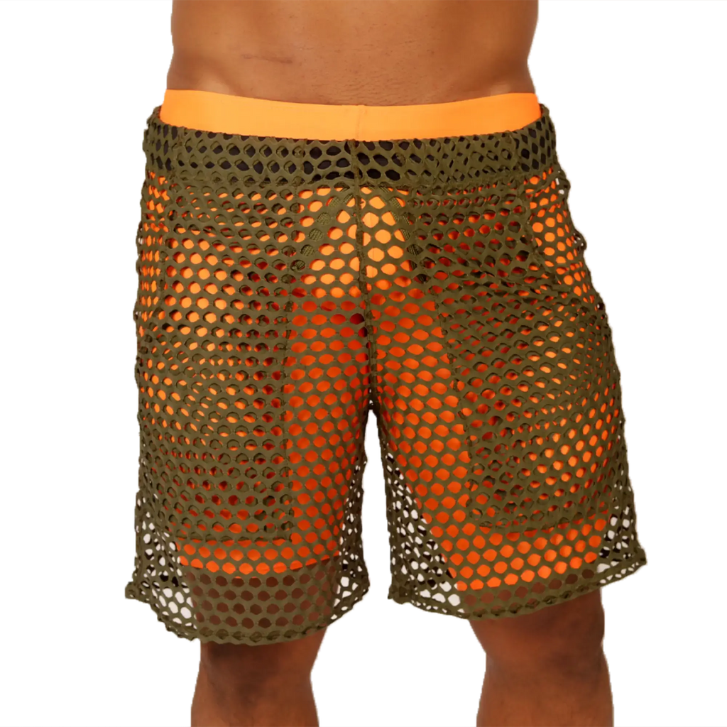 Olive green mesh shorts with bright orange waistband and matching inner lining from gigo fresh orange short collection