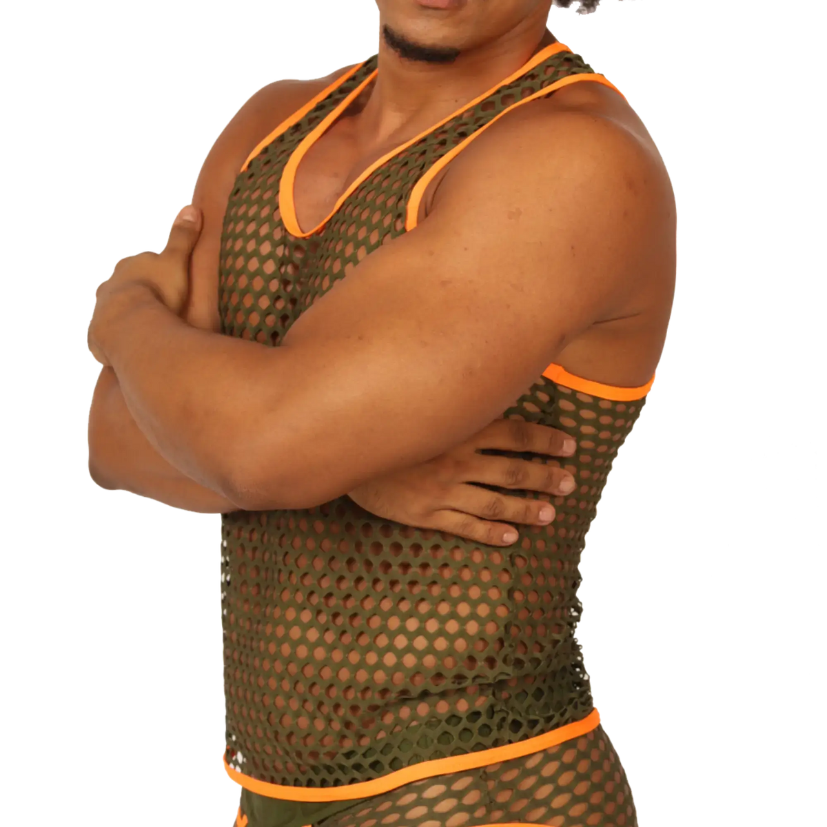 Gigo Fresh Orange Tank olive green mesh tank top with bright orange trim for breathable active wear