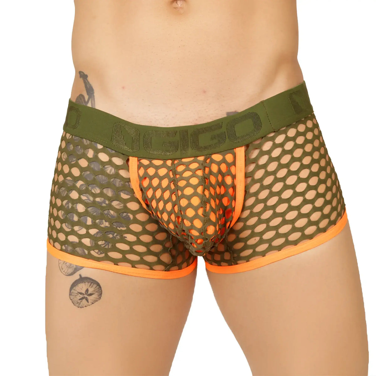 Olive green mesh briefs with bright orange trim and bold dugo logo in gigo fresh orange trunk design