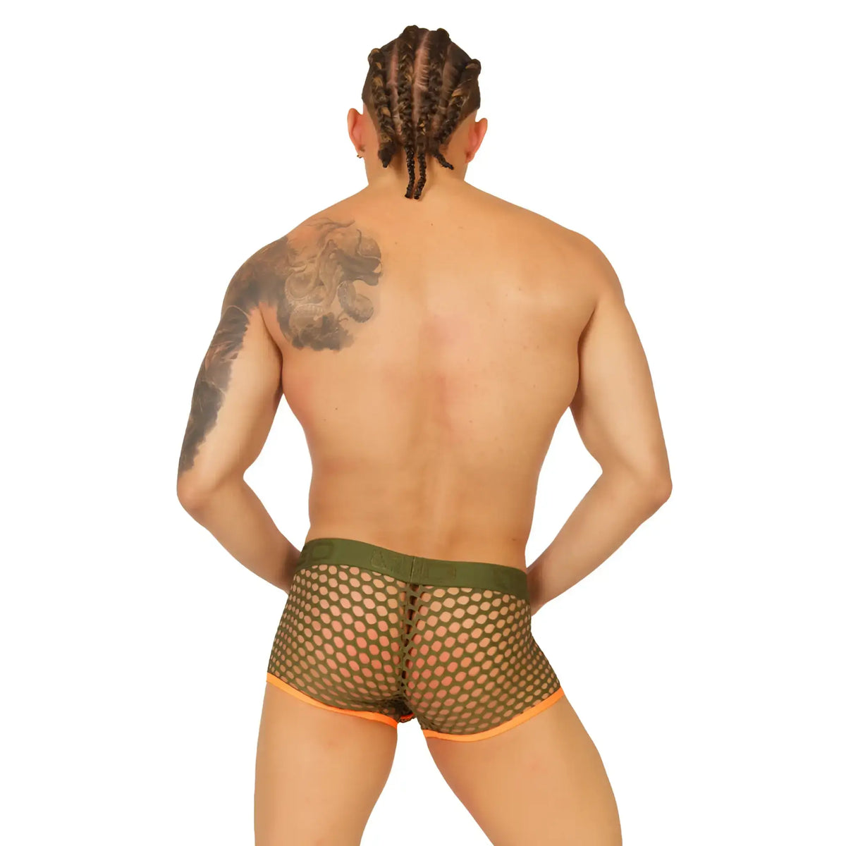 Olive green and orange mesh briefs with solid olive waistband from gigo fresh orange trunk collection