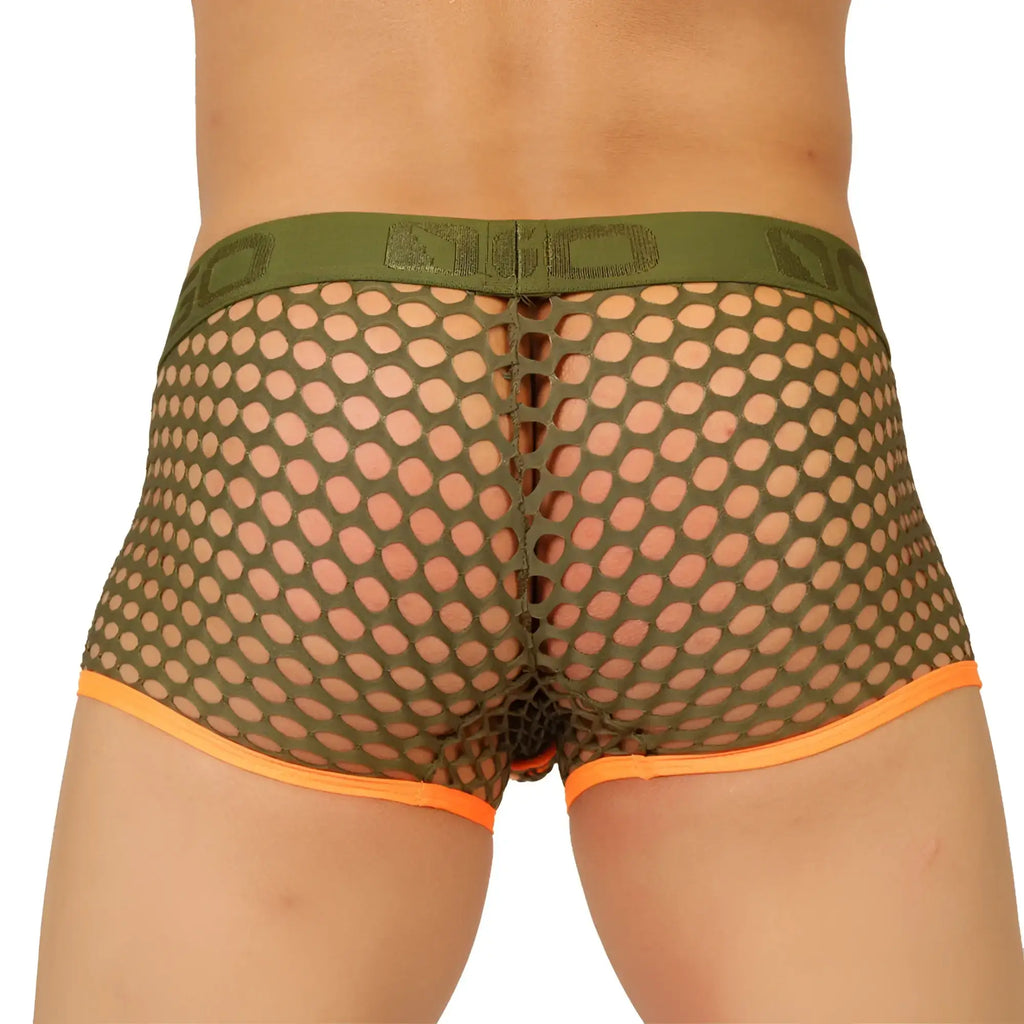 Olive green mesh boxer briefs with bright orange trim and a branded waistband from gigo fresh orange trunk collection