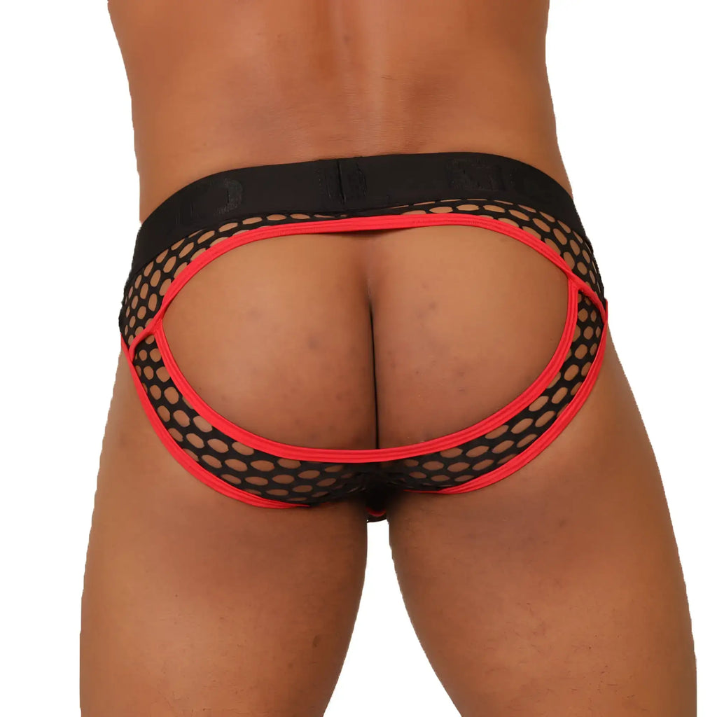 Black and red mesh Gigo fresh red brief jock with bold open-back design shown from the back side