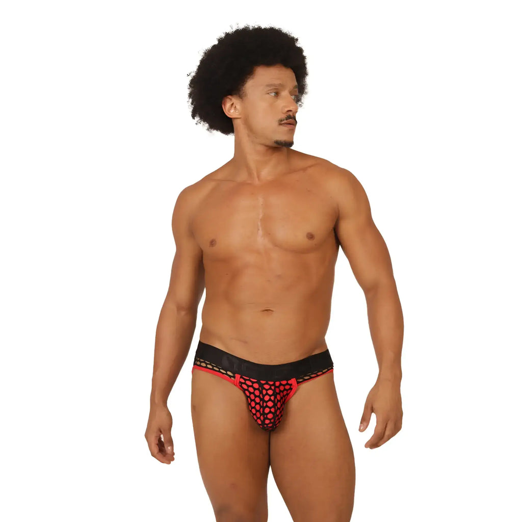 Red and black mesh briefs with bold patterned design from gigo fresh red brief jock collection