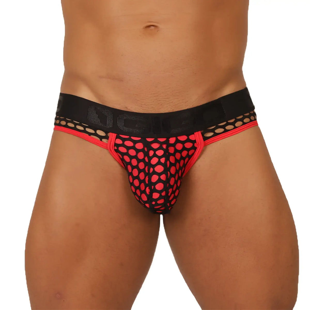 Red and black mesh briefs with bold patterned design from gigo fresh red brief jock collection