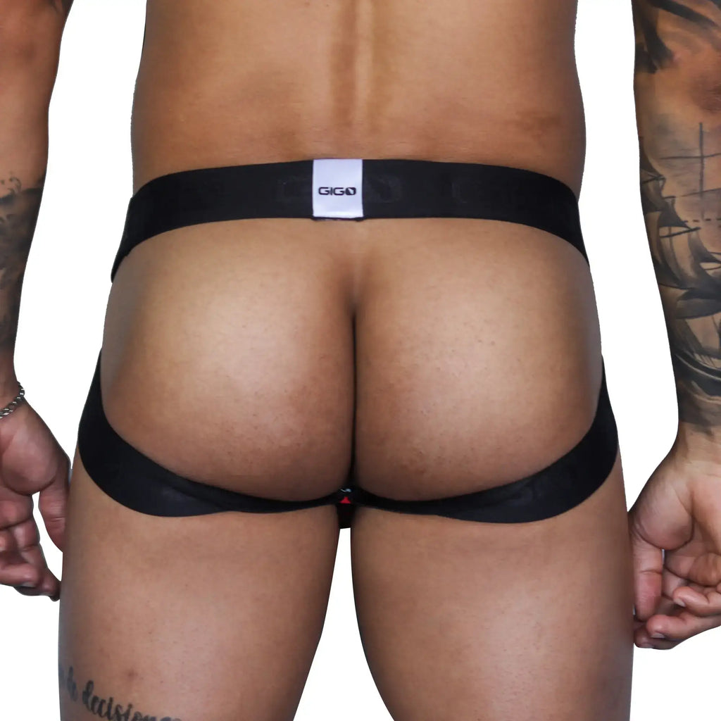 Black giga brand thong with white label and red accent detail shown from the back in gigo fresh red jockstrap product
