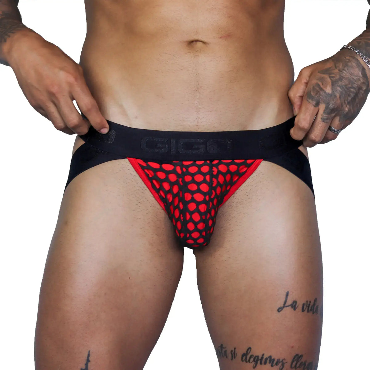 Red and black mesh gigo fresh jockstrap briefs with bold circular pattern highlighting breathable athletic design