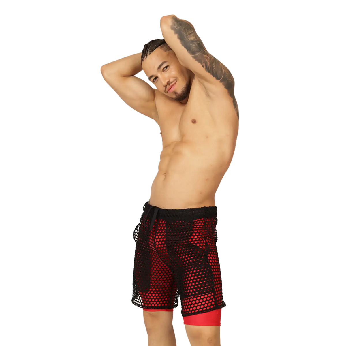 Gigo fresh red short featuring red and black mesh shorts with sheer perforated design over red inner leggings