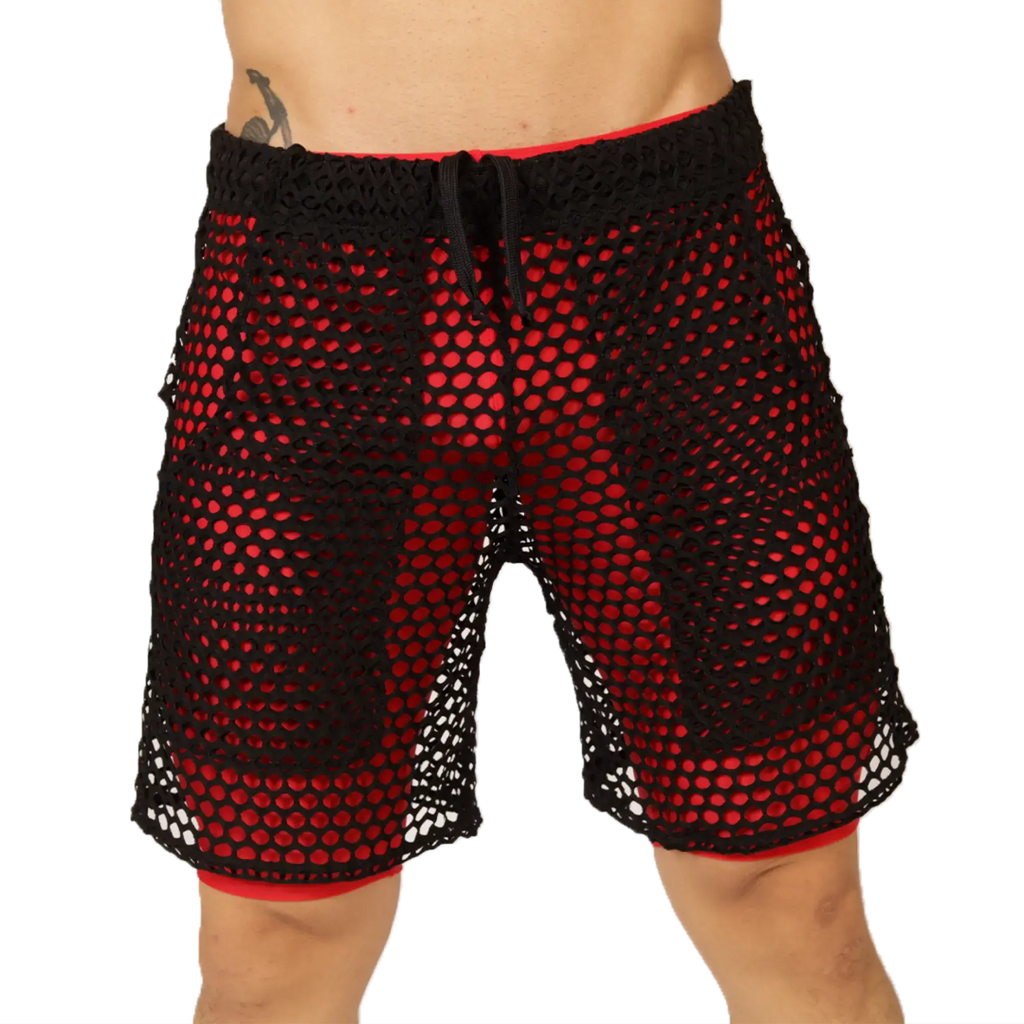 Black and red mesh shorts with drawstring waistband from gigo fresh red short collection