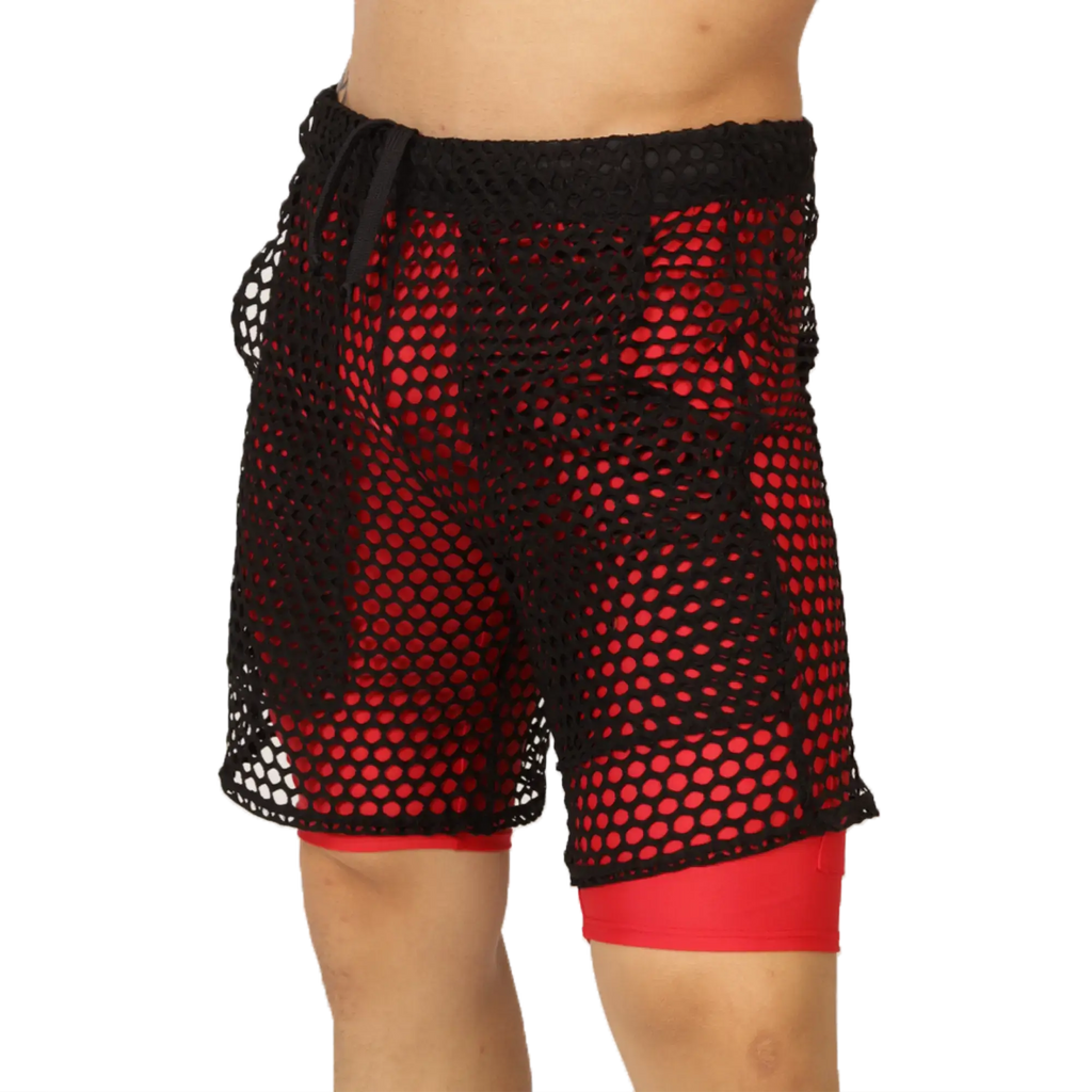 Black mesh shorts with red inner lining and drawstring waistband from Gigo Fresh Red Short collection