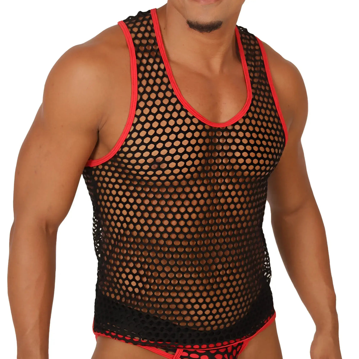 Black mesh tank top with red trim by Gigo Fresh Red Tank perfect for casual and athletic wear