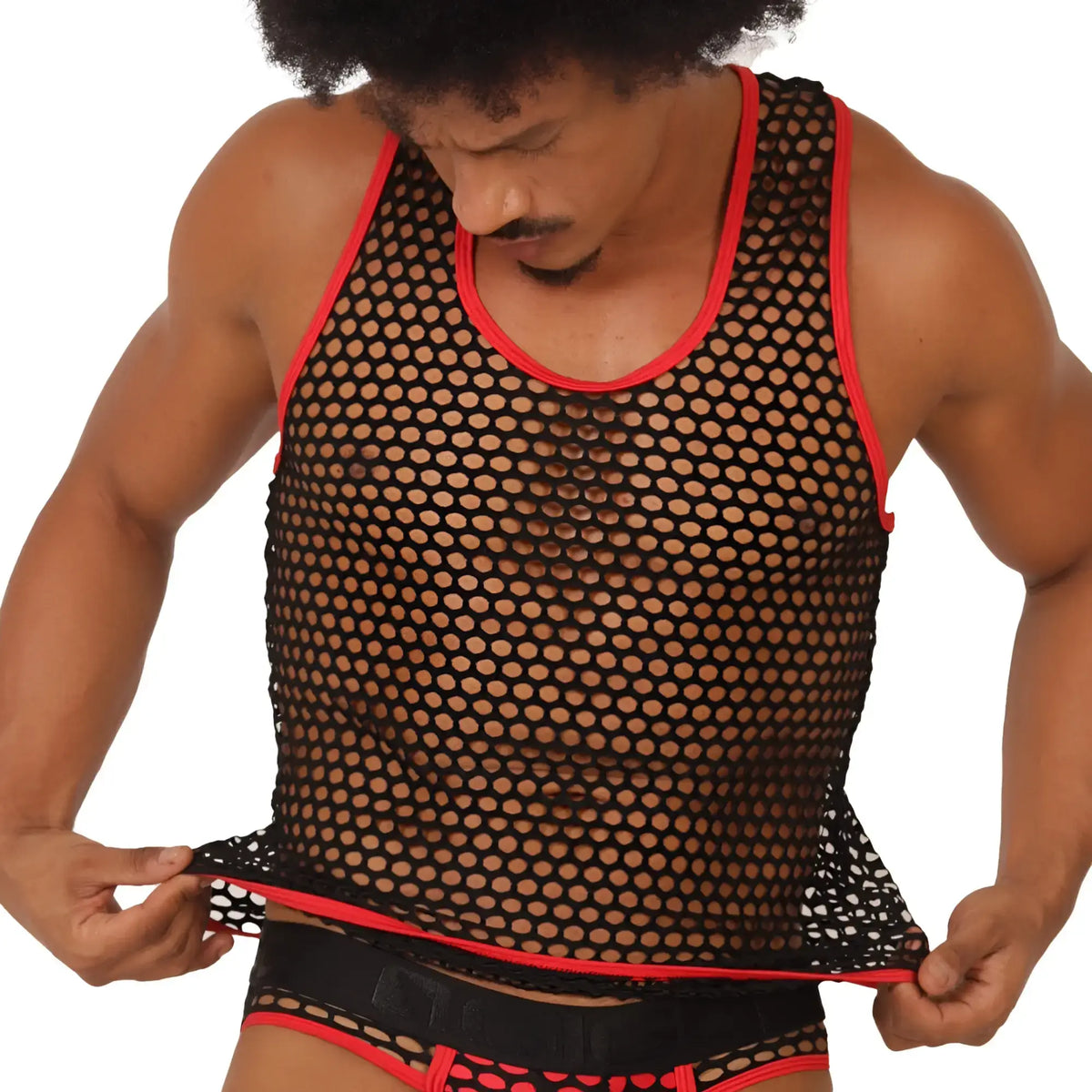 Black mesh tank top with red trim from Gigo Fresh featuring lightweight breathable fabric for casual wear